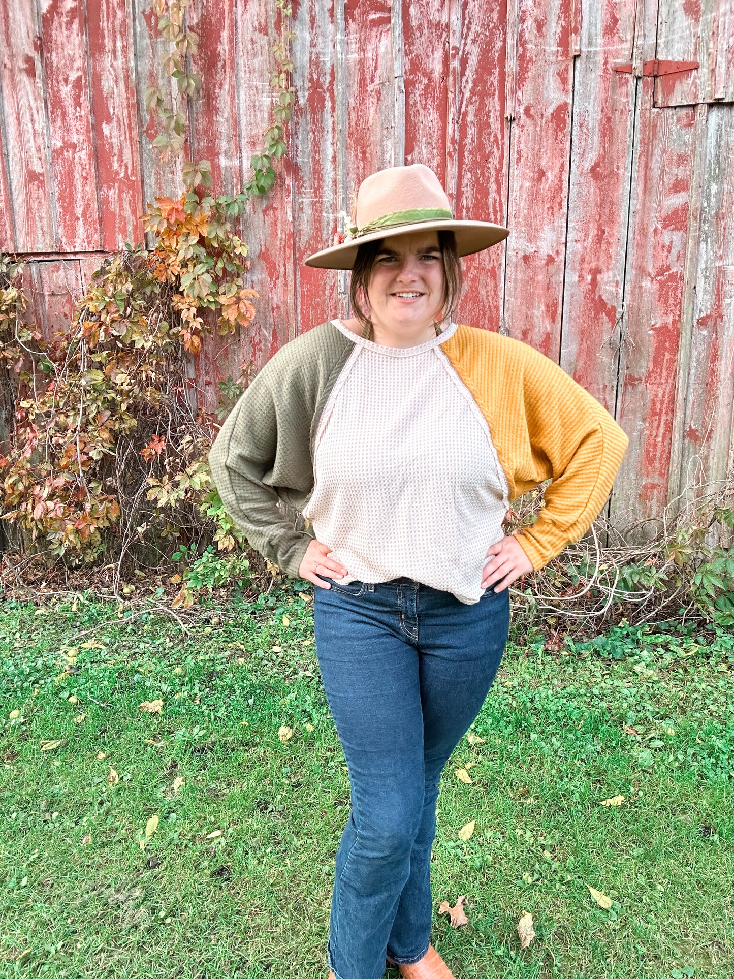 Mustard Yellow and Green Bubble Sleeve Top