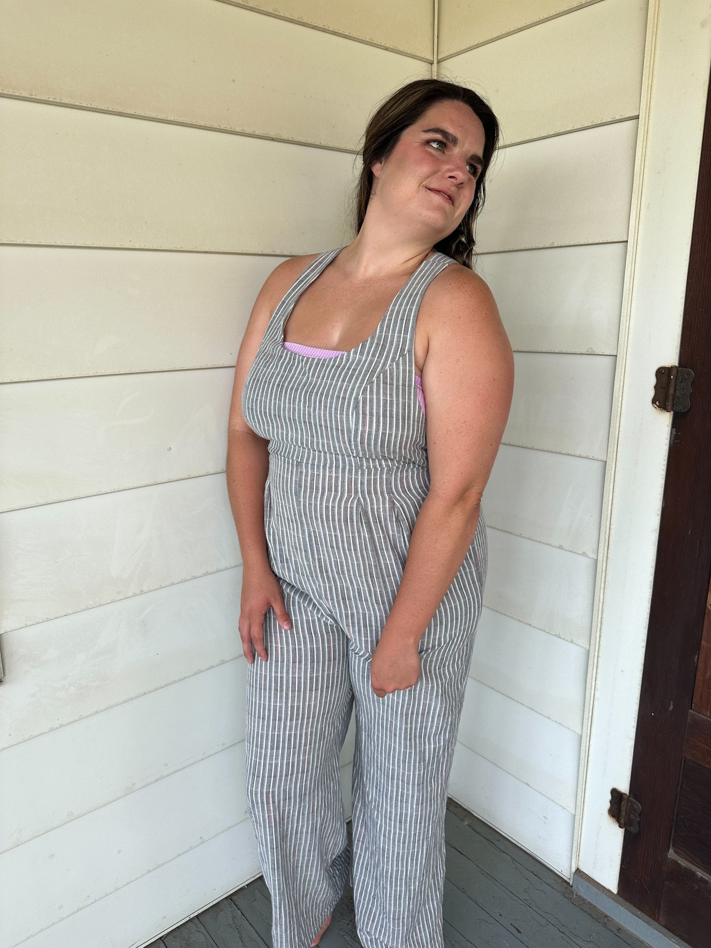 Maeve Striped Overalls with Criss Cross Tie Back