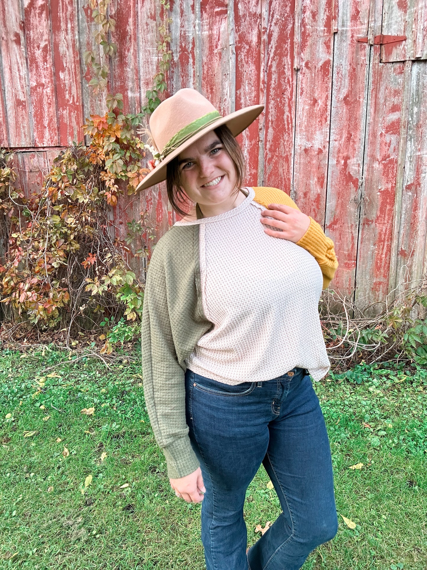 Mustard Yellow and Green Bubble Sleeve Top