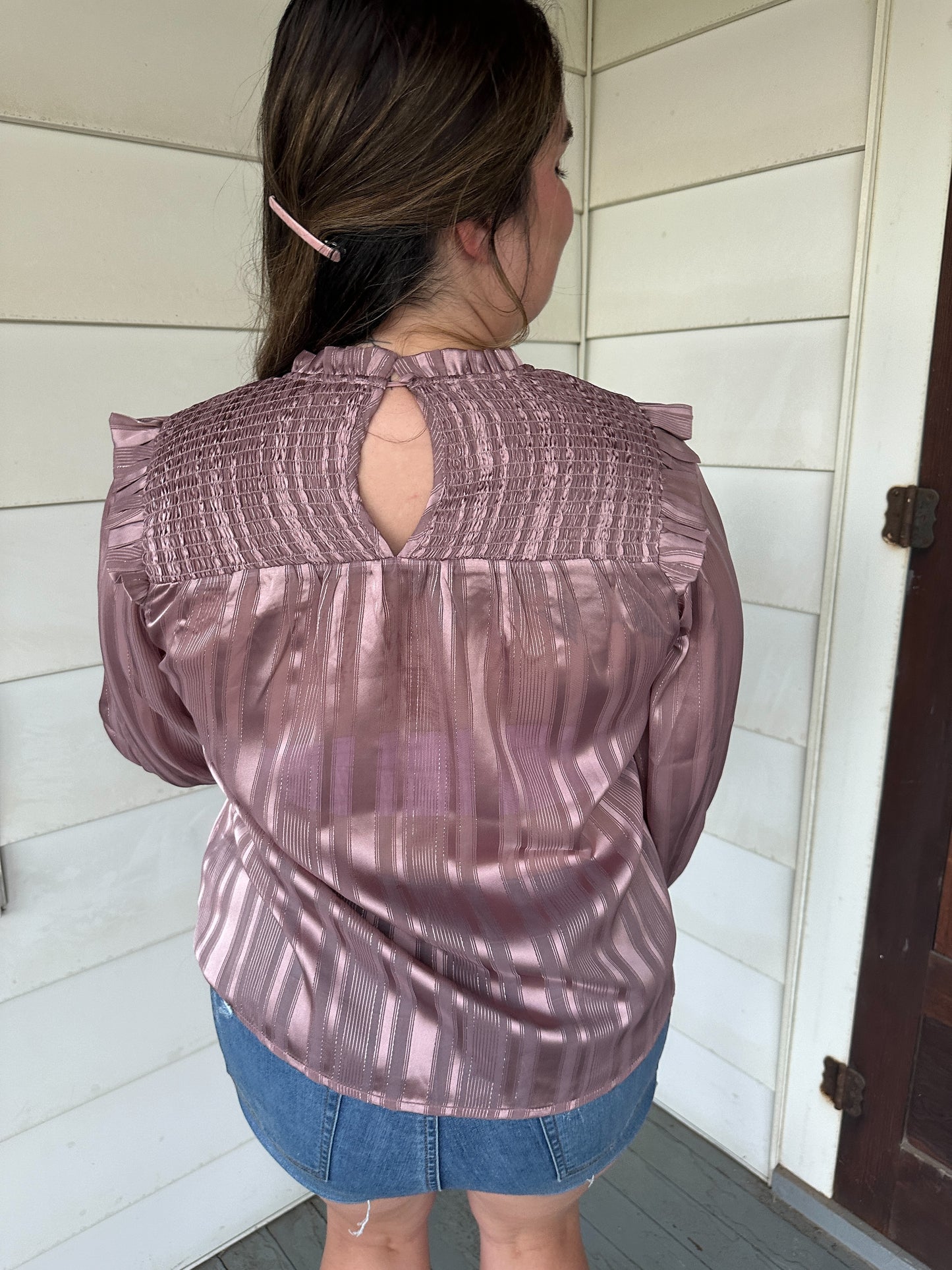 Sophia Rose Gold Smocked Blouse with Ruffle Detailing