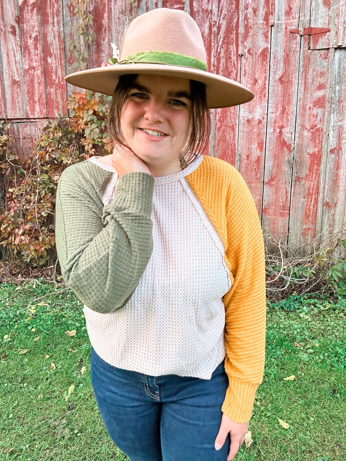 Mustard Yellow and Green Bubble Sleeve Top