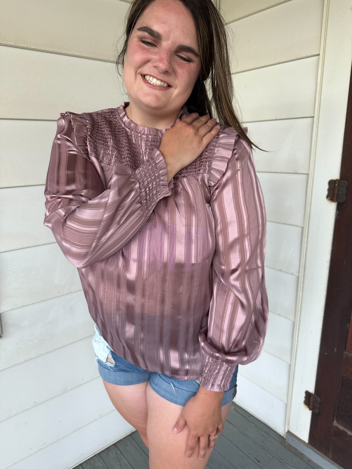 Sophia Rose Gold Smocked Blouse with Ruffle Detailing