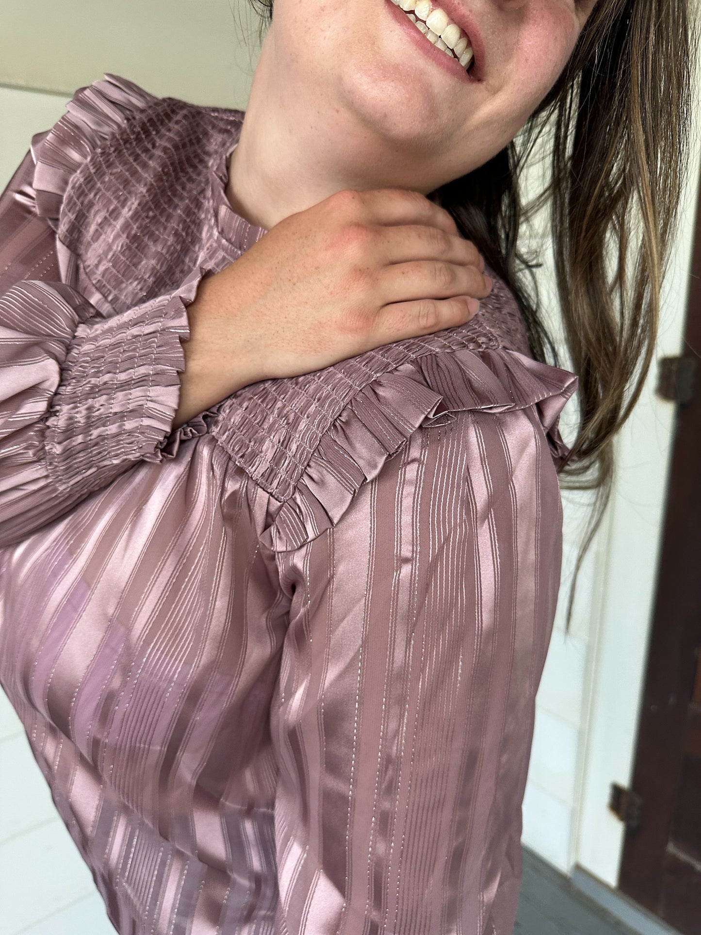 Sophia Rose Gold Smocked Blouse with Ruffle Detailing