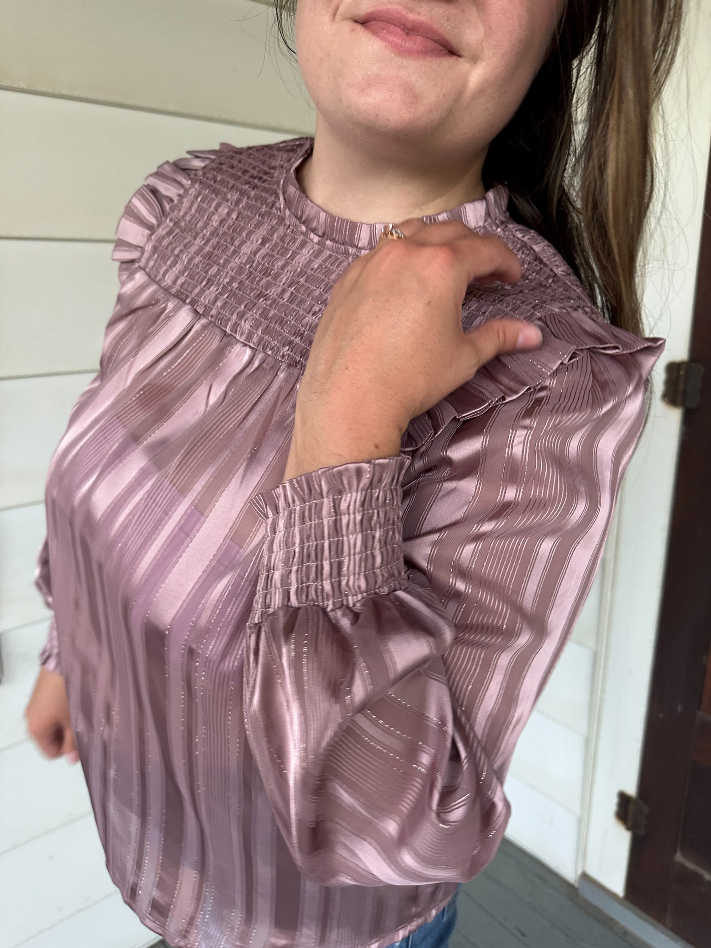 Sophia Rose Gold Smocked Blouse with Ruffle Detailing