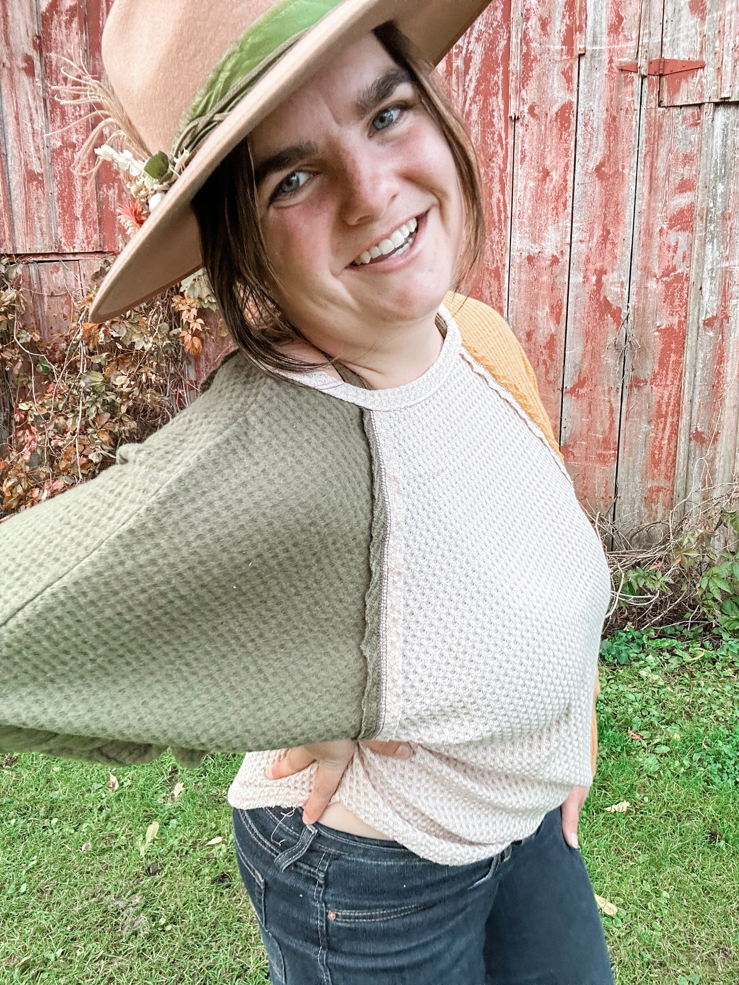 Mustard Yellow and Green Bubble Sleeve Top