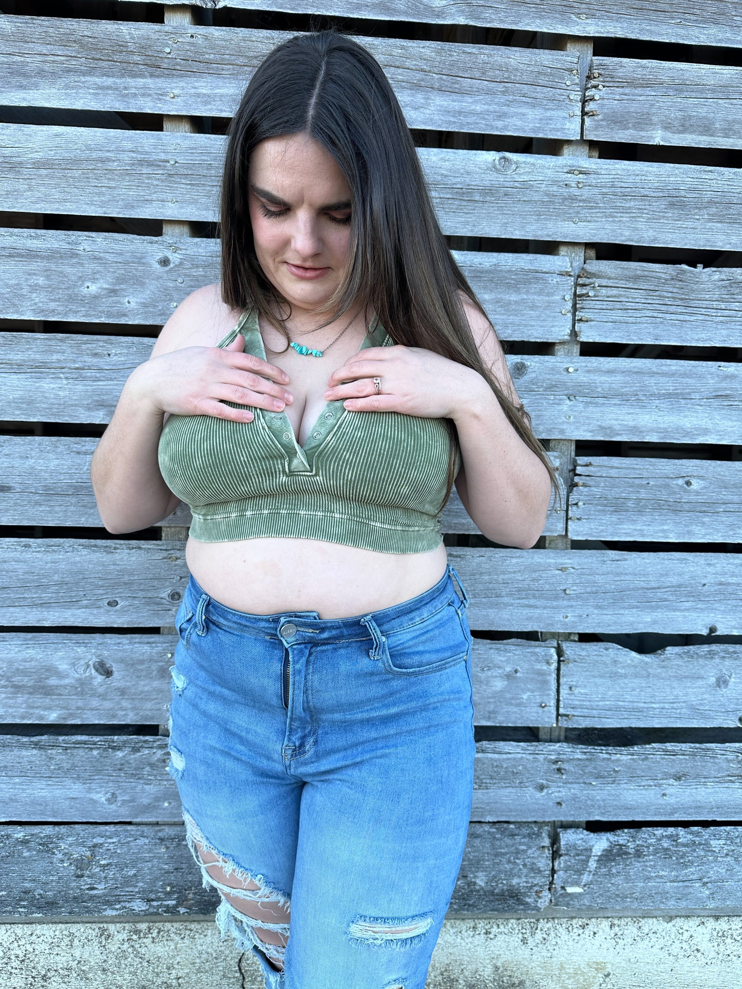 Mickey Ribbed Cropped Button Tank - Olive