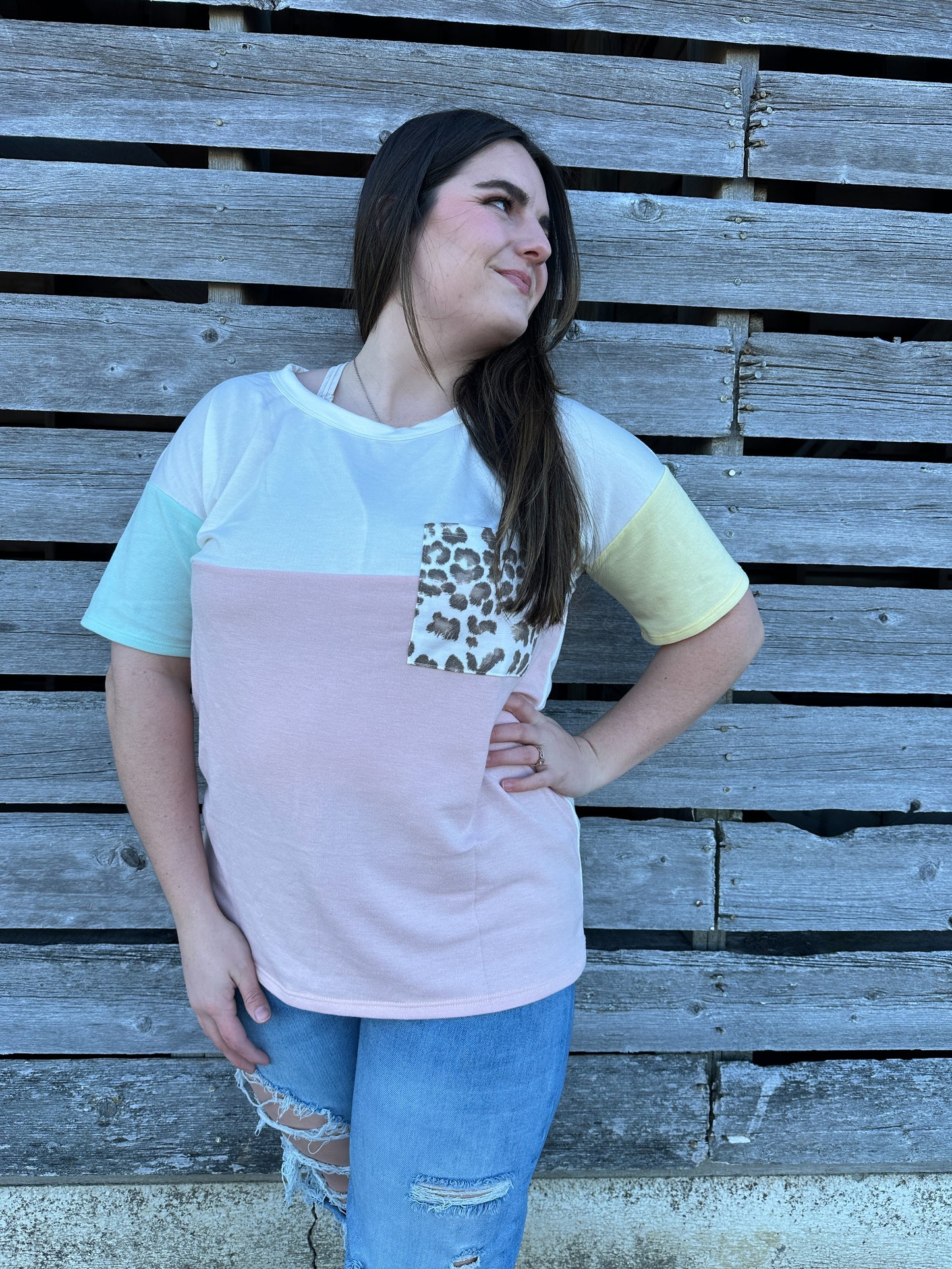 Liz Leopard Color Block Pocket Tee