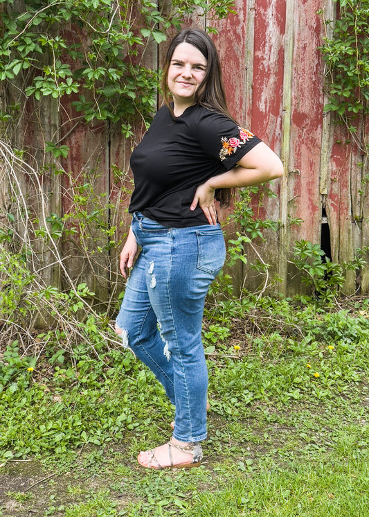 Black Floral Embroidered Tee