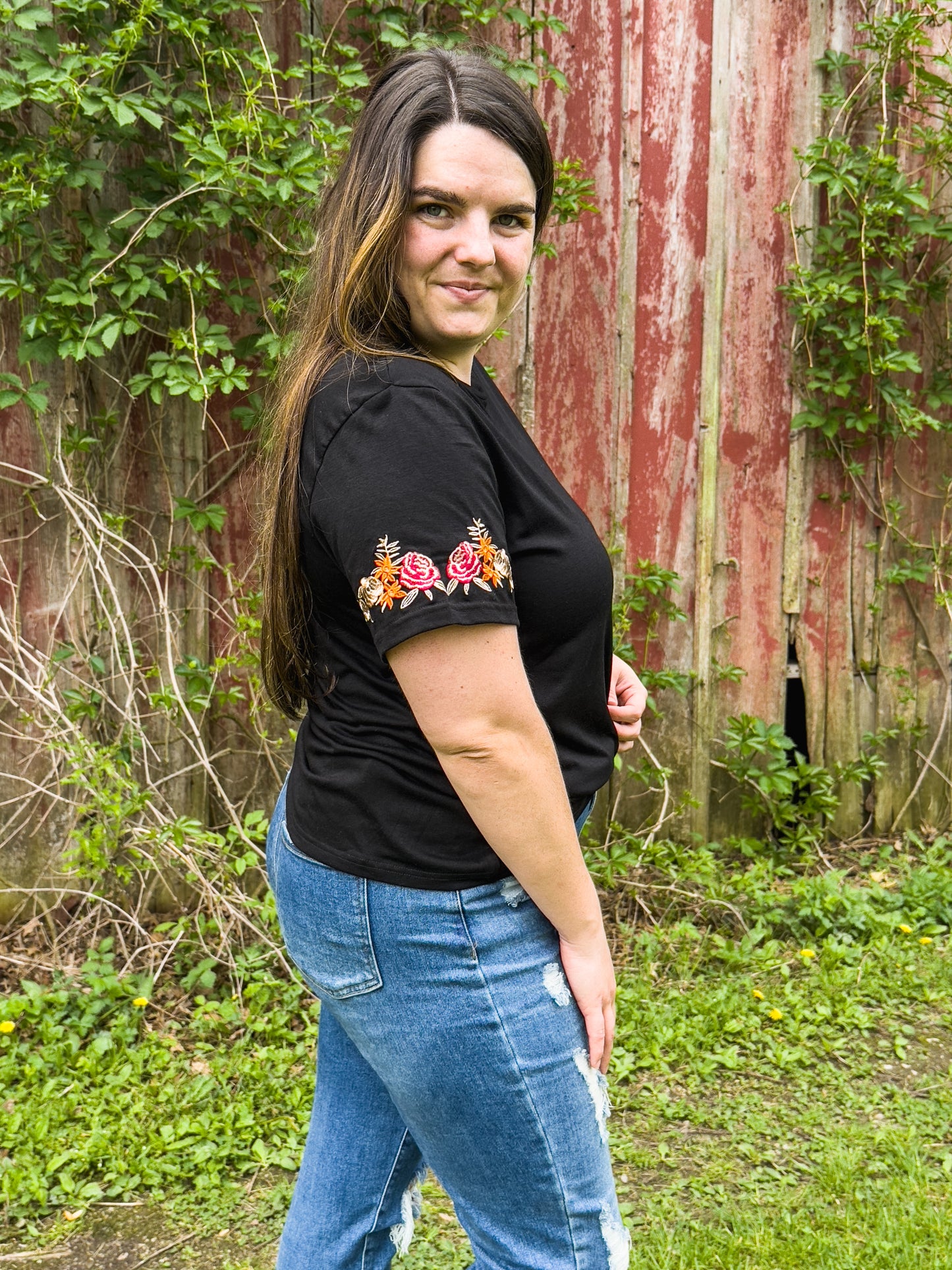 Black Floral Embroidered Tee