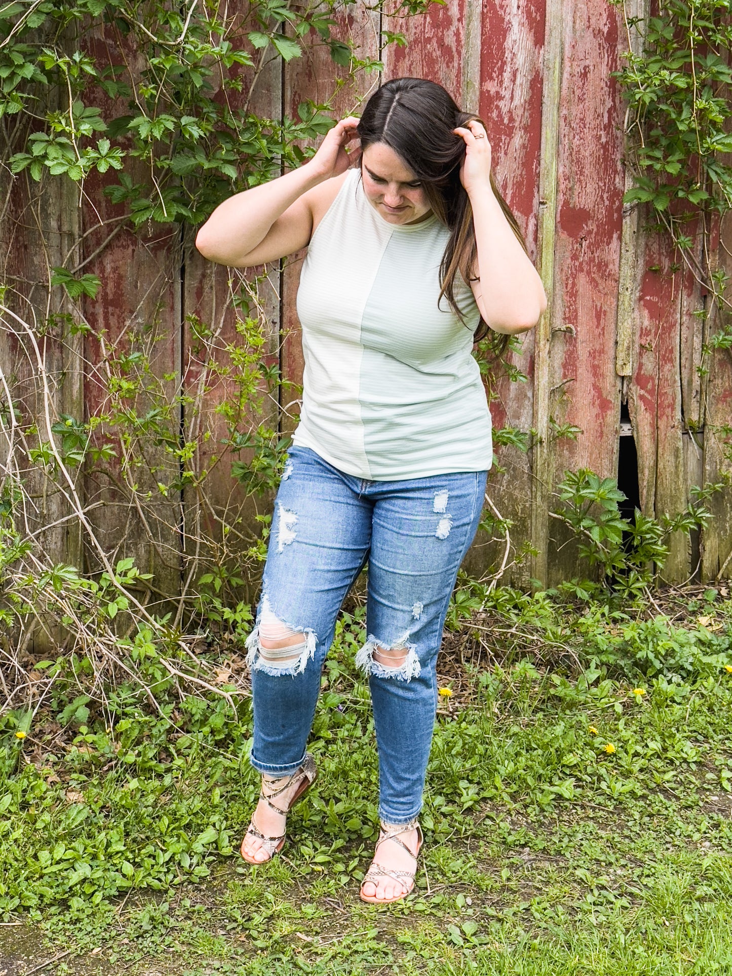 Split color Mint/White Striped Tank