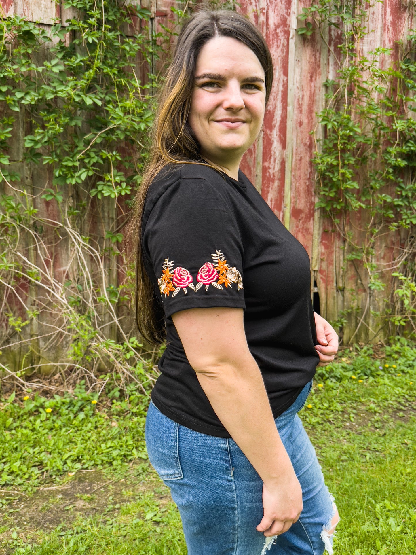 Black Floral Embroidered Tee