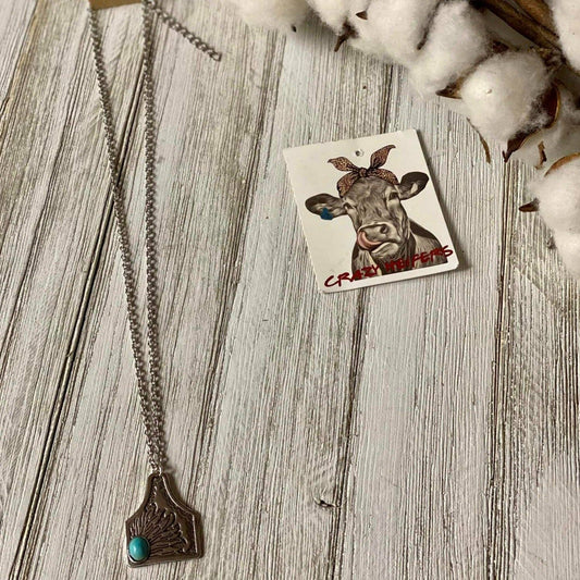 Cow Tag W/ Turquoise Stone Necklace